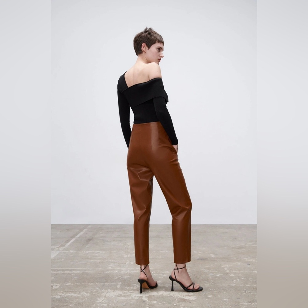 Zara Brown Faux Leather Pants Size S high waisted